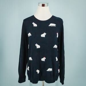 Talbots Size Large L Blue Mini Polar Bear Christmas Crew Cotton Blend Sweater